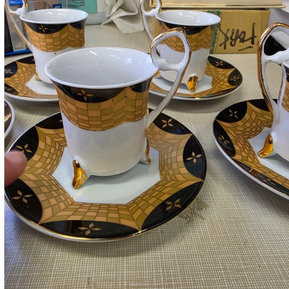 Vintage Art Deco Footed Demitasse Espresso Cup and Saucer Set Black Gold 5pc